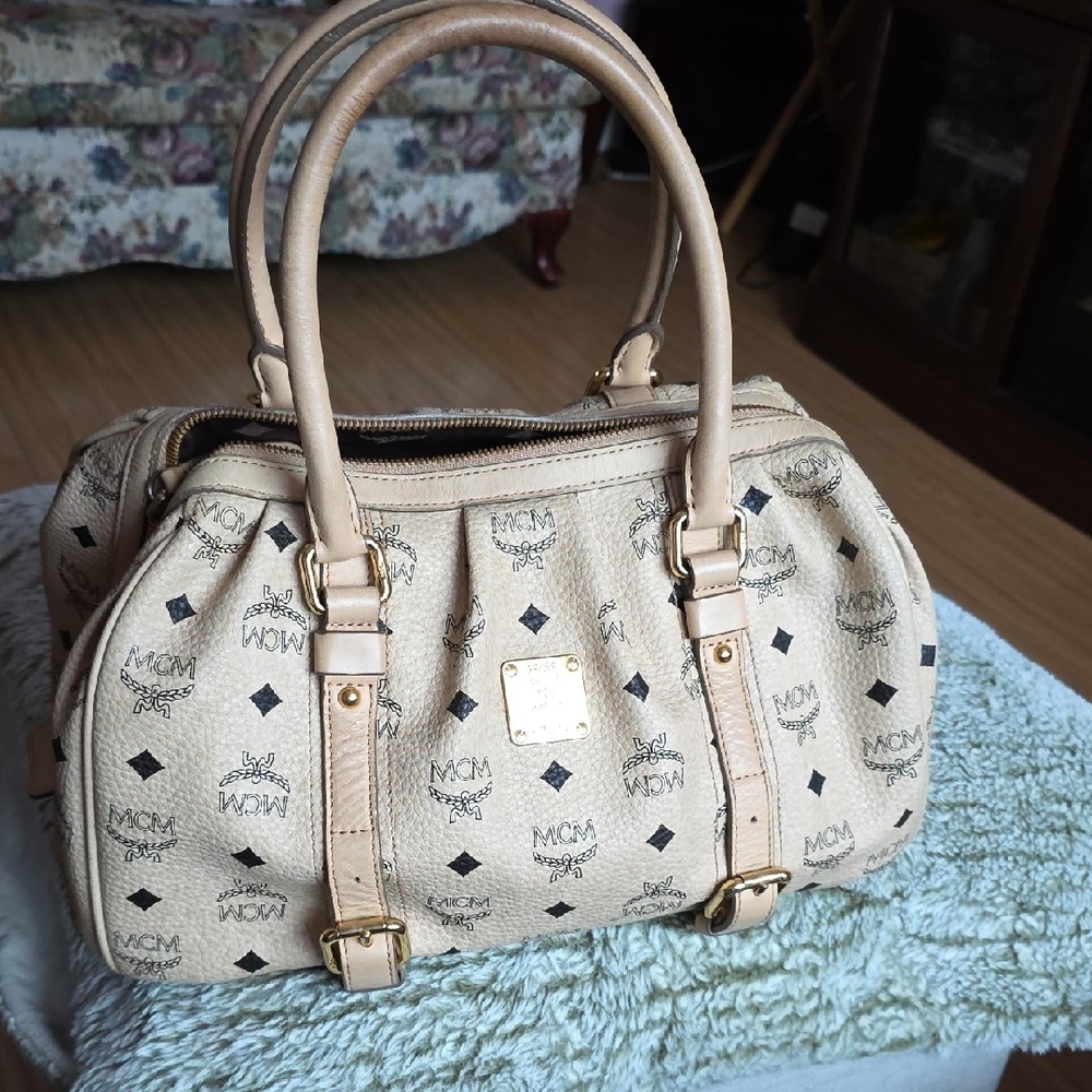 MCM Beige and Black Logo Satchel